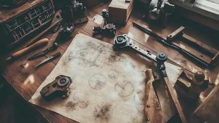 A flat lay of vintage engineering instruments on aged parchment and a wooden workbench.