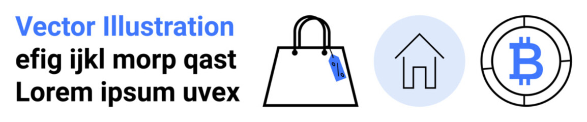 Shopping bag with tag, house icon, and Bitcoin symbol in clean minimal style. Ideal for finance, real estate, e-commerce, investment, digital wallet, cryptocurrency and technology flat landing page