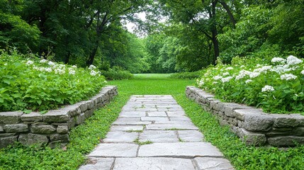 Stone path leads through lush green park, flowers border walkway, tranquil nature scene, perfect for relaxation or travel brochures