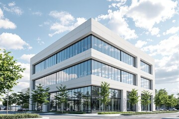 A sleek office building with reflective glass windows and white walls, framed by lush green trees and a sunny sky. Concept of modern architecture. Ai generative