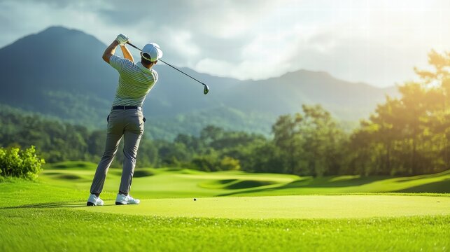 Golfer midswing on green course golfing action nature setting dynamic view swing moment