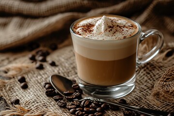 A close-up of a creamy coffee drink topped with whipped cream and cocoa, surrounded by coffee beans on burlap