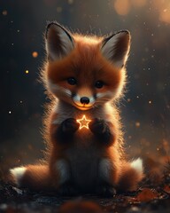 Fototapeta premium Cute fox kit holding star, forest bokeh, magical