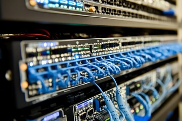 Naklejka premium Close-up of Network Server Rack with Blue Cables and Lights