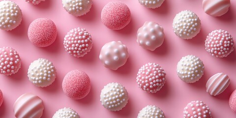 A fun candy pattern with pastel pink and white tones, perfect for confectionery branding, web design, and product packaging.