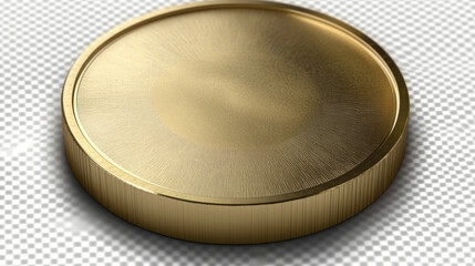 3D rendered gold coin mockup featuring a textured, engraved circular design for high-value luxury medallion or prize token with shining metallic surface and radial lines