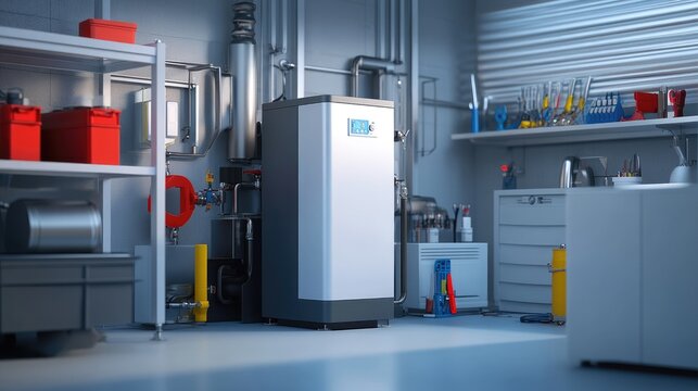 A gas boiler system in a modern home, surrounded by tools and a clean work area.