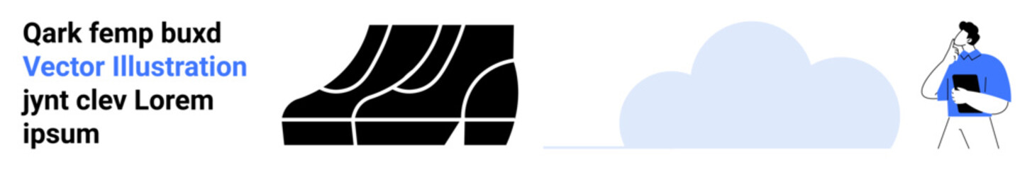 Individual holding tablet beside a cloud figure and a geometric boot abstraction, symbolizing creativity, technology, and innovation. Ideal for tech solutions, cloud computing, futuristic concepts