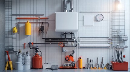A home gas boiler system with open access panels showing internal components and tools on a clean floor.