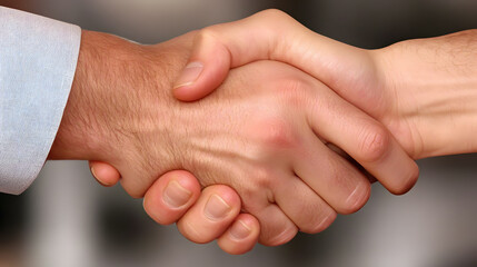 A close-up shot of two hands shaking firmly, symbolizing mentorship and leadership coaching. In the blurred background, a well-lit office with professionals engaged in discussions represents a