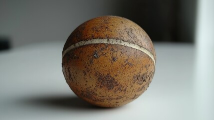 A Weathered, Vintage, Brown Sphere with a White Line, Reminiscent of an Old Sport Ball or Unique Decorative Item