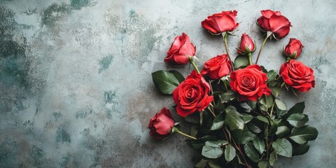 Vibrant red roses arranged beautifully on a textured green background