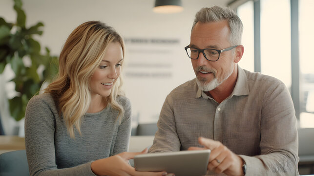 A mentor and mentee sit in a contemporary office, reviewing performance metrics on a tablet. The mentee nods in understanding, while the mentor points at the screen with a guiding hand. Behind them,