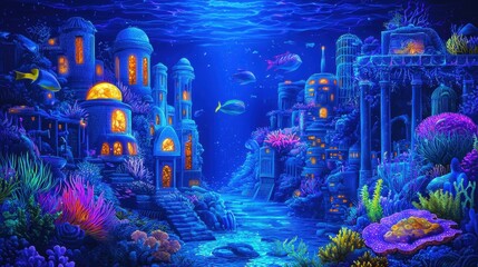 Obraz premium Diving into an enchanting underwater city visual artwork of glowing bioluminescent wonders