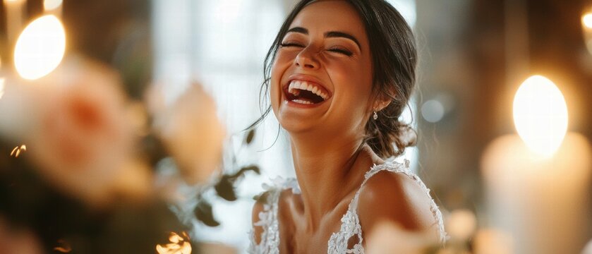 Bride laughing at wedding ceremony outdoor venue wedding photography floral decor joyful moment love story