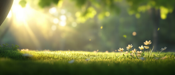 Obraz premium A serene landscape featuring lush green grass, vibrant trees, and warm sunlight filtering through the leaves, creating a peaceful natural scene. 