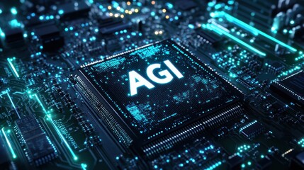 Fototapeta premium Futuristic AGI microchip glowing on high-tech circuit board design