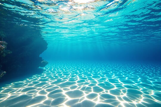 Underwater view of a bright ocean floor, sunlight reflecting ripples on sand, surrounded by clear blue water, serene marine concept. Ai generative