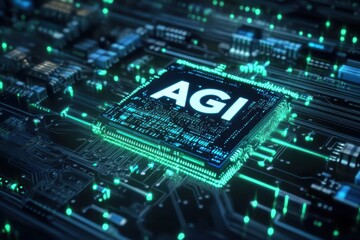 Fototapeta premium Futuristic AGI microchip glowing on high-tech circuit board design