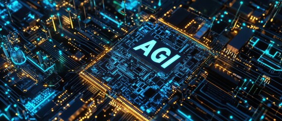 Futuristic AGI microchip glowing on high-tech circuit board design