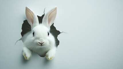 Obraz premium A cute white bunny peeking through torn pastel blue paper. Perfect for Easter promotions, greeting cards, or playful holiday themes.