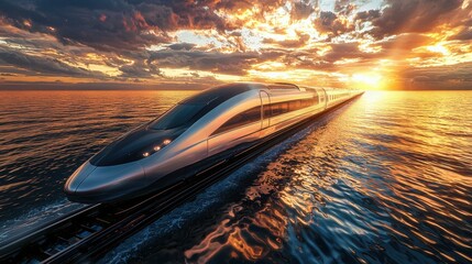 Obraz premium Futuristic high-speed train gliding over a shimmering landscape a sci-fi travel experience
