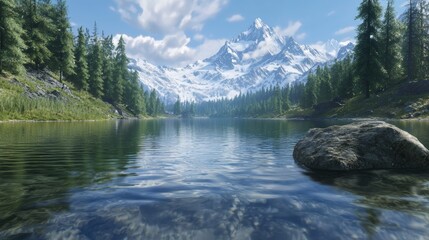 Breathtaking View of a Serene Mountain Lake Surrounded by Majestic Landscapes and a Large Central Rock