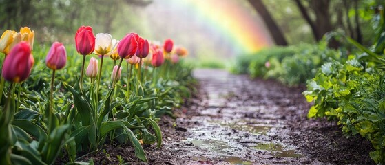 Strolling through a blooming tulip pathway garden nature scene serene environment close-up view vibrant beauty