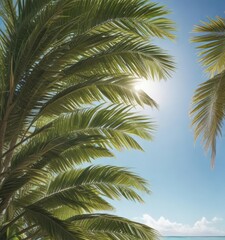 Fototapeta premium Close-up of palm tree leaves against clear sky on tropical beach, relaxation, sky, travel destination