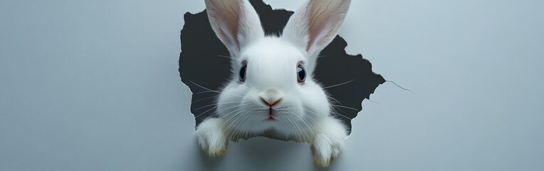Obraz premium A cute white bunny peeking through torn pastel blue paper. Perfect for Easter promotions, greeting cards, or playful holiday themes.