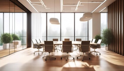 Fototapeta premium Modern conference room with wooden floor, glass walls, and contemporary furniture in bright, spacious office interior.