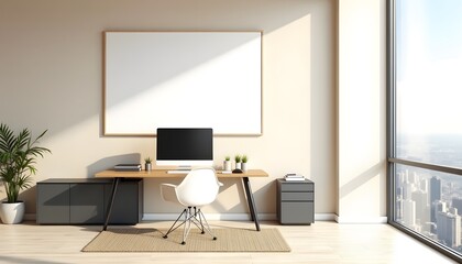 Fototapeta premium Luxurious executive office with a sleek desk, ergonomic chair, and large windows showcasing a stunning city view, featuring a blank vertical canvas for advertising