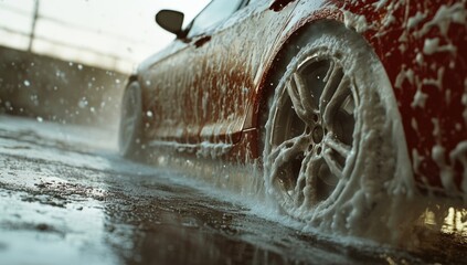 A sleek luxury vehicle gets a thorough cleaning in a contemporary car wash. Foam covers the shiny exterior while water streams off, highlighting the car's curves and design
