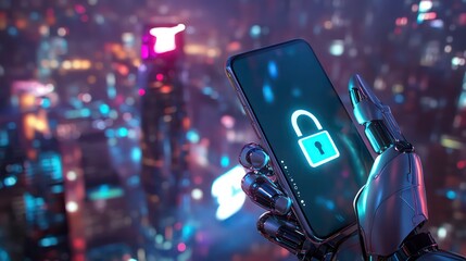High tech robotic hand holding a smartphone with a glowing blue padlock icon on the screen, set against a vibrant cityscape background, symbolizing secure AI and urban cyber protection