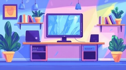 Stylish home office setup with computer, plants, and books. Perfect for illustrating work from home, productivity, or creative spaces.