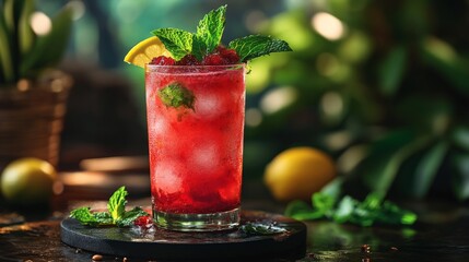 A vibrant red hibiscus drink with lemon and mint, perfect for summer refreshment. Ideal for food blogs, drink menus, and healthy lifestyle concepts.