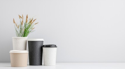 Sustainable coffee cups and containers against a plain wall; eco-friendly packaging mockup