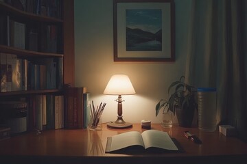 Cozy and Inviting Study Desk with Warm Light and Personal Touches
