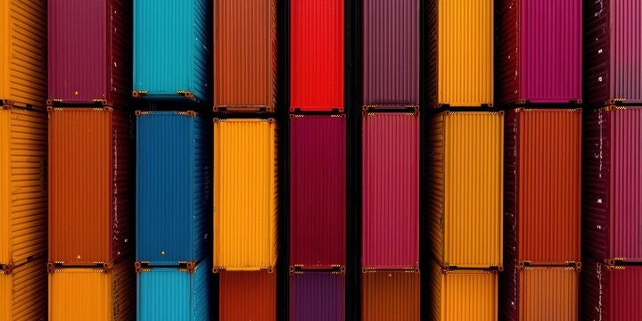 A vibrant arrangement of colorful containers stacked vertically, showcasing an array of hues from blue to red, creating a visually striking pattern.