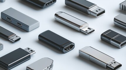 Various USB and HDMI connectors on white background, tech accessories