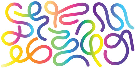 Set of Abstract Lines with Gradient texture.  Wavy Color Shape Vector Graphic Design. Dynamic Geometric Pattern. Background with Color Waves. Illustration of Squiggle Rainbow Ribbons.