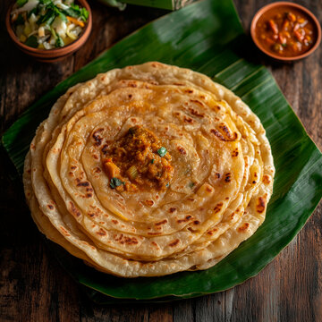 Kerala Porotta or paratha, layered flatbread served on fresh banana leaf with curry, south Indian food, Malabar fresh homecooked coin parotta.