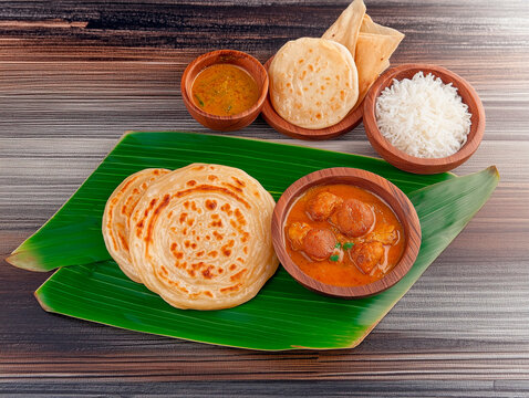 Kerala Porotta or paratha, layered flatbread served on fresh banana leaf with curry, south Indian food, Malabar fresh homecooked coin parotta.