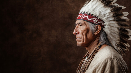 Fototapeta premium Native American Elder: A powerful portrait of an elder, his stoic gaze and traditional headdress conveying wisdom, history, and cultural heritage.