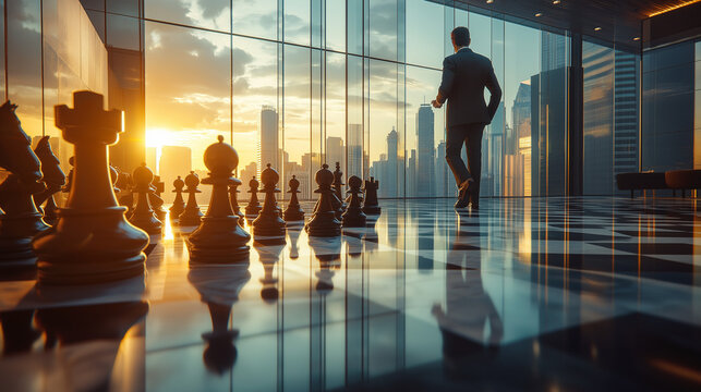 Strategische Gesch&auml;ftsentscheidung: Unternehmer am &uuml;berdimensionalen Schachbrett mit Blick auf die Skyline. Generative AI KI