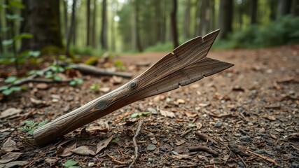 Close-up shot of an old wooden arrow sticking out of the ground on a forest trail, ground, forest trail, natural