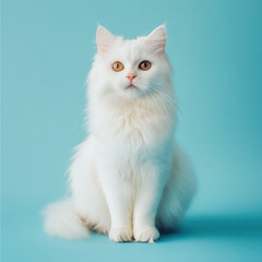 A white fluffy cat sitting in a calm, poised manner, front-facing view