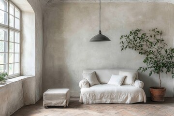 Cozy Minimalist Living Room with Natural Light and Green Plant