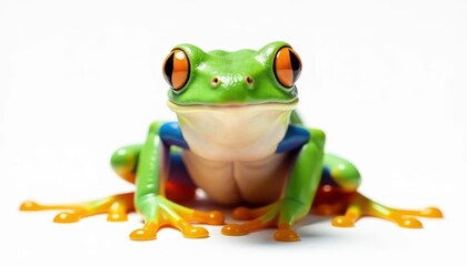 Obraz premium Vibrant green tree frog with sticky toes perched on white background emphasizing bright colors and texture