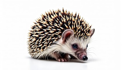 Obraz premium Tiny hedgehog curled into a ball isolated on bright white background highlighting spiky yet adorable texture